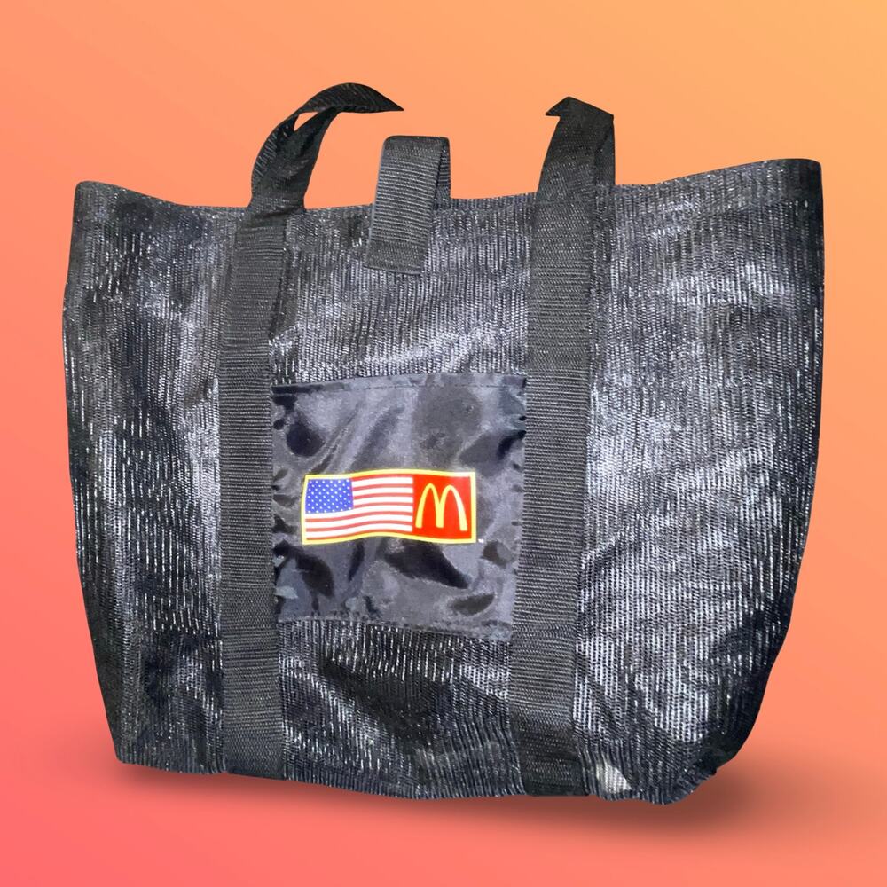 McDonalds Vintage 90s Promo American Flag Mesh Tote Bag Black Beach XL Gym